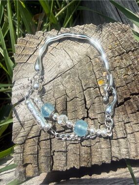 Aquamarine Brangle Bangle Bracelet Sterling & Stainless